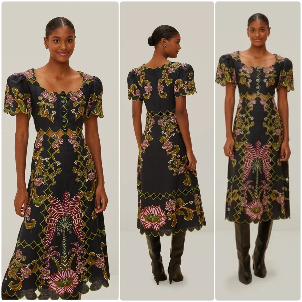 FARM Rio Ravenela Floral Embroidered Black Linen Midi Dress Women's Small NWT - Picture 4 of 16